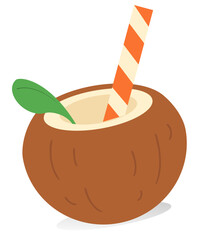 Coconut Drink Illustration Vector. Summer Theme. A colorful summer-themed vector illustration of a tropical coconut drink with a striped straw and green leaf garnish.