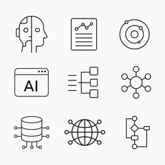Minimalist outline icons of artificial intelligence, data neural networks and digital systems, perfect for tech and innovation projects