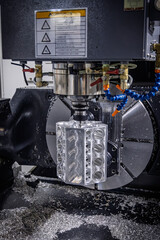 Metalworking CNC lathe milling machine. Cutting metal modern processing technology.