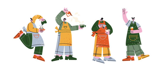 Сartoon barista characters in retro 90s style. Men workers with cups preparing coffee. espresso, cappuccino, latte. Workers, coffee shop staff, coffee maker. Flat mascot illustration
