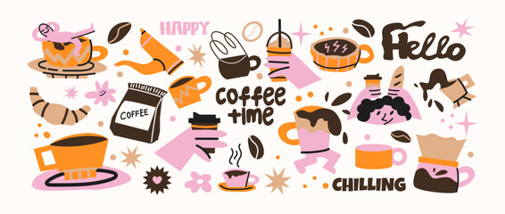 Coffee stickers and barista characters.Coffee makers, kettles, brewing, arabica coffee, glass,espresso,cappuccino, beans.Graphic doodle minimalist retro icons.Coffee shop patches