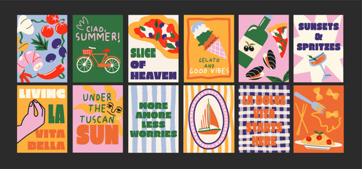 Abstract Italian posters in 90s style. Bright compositions: pizza, lemons, cocktails, seafood in cartoon trendy retro style. Decor for kitchens, cafes and restaurants. Minimalist banners for wall © Limpreom