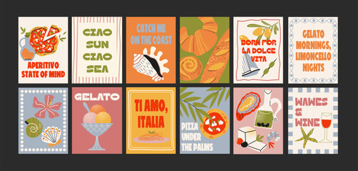 Abstract Italian posters in 90s style. Bright compositions: pizza, lemons, cocktails, seafood in cartoon trendy retro style. Decor for kitchens, cafes and restaurants. Minimalist banners for wall © Limpreom