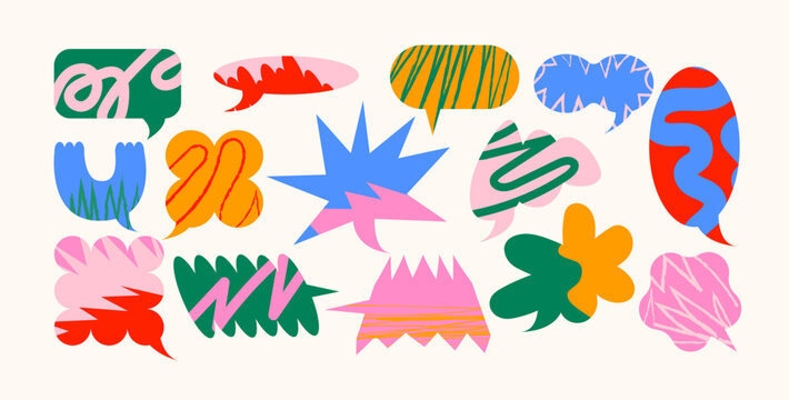 Speech bubble shapes in retro cartoon style. Abstract silhouettes: comic clouds, messages, leaves, graphic elements. Funky sticker collection for text highlight. Illustration in doodle, trend