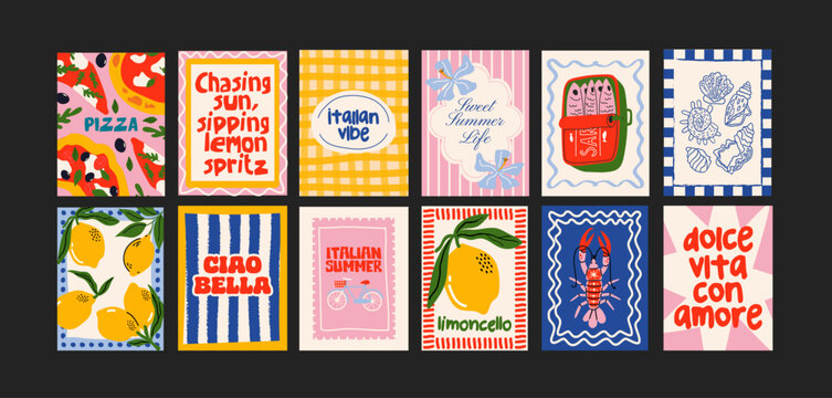 Fototapeta Abstract Italian posters in 90s style. Bright compositions: pizza, lemons, cocktails, seafood in cartoon trendy retro style. Decor for kitchens, cafes and restaurants. Minimalist banners for wall