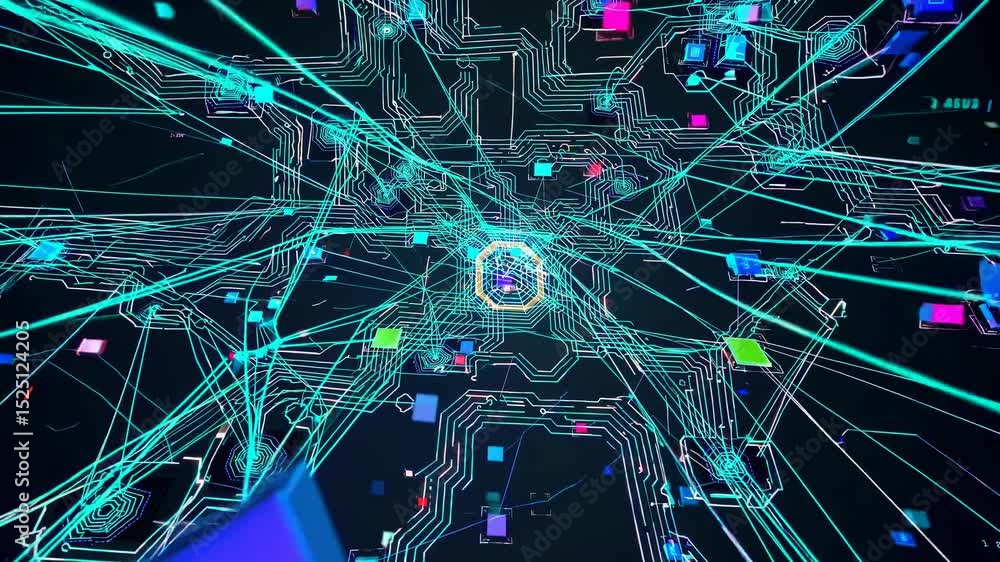 Poster Exploring digital networks through vibrant lines and colorful shapes in a 3D space