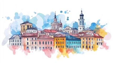 Minsk Old Town. Minsk Old Town hand drawn watercolor illustration