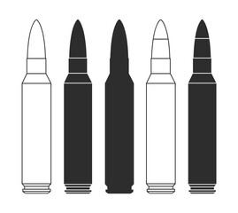 Set of icons of 5.56 caliber live ammunition in line, isolation and silhouette form, ammunition for 5.56 caliber assault rifles.
