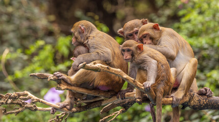 Macaques in nature. Macaques constitute a genus (Macaca) of gregarious monkeys.