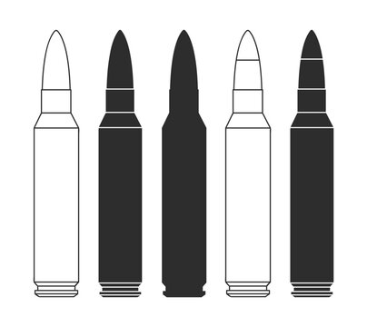 Set of icons of 5.56 caliber live ammunition in line, isolation and silhouette form, ammunition for 5.56 caliber assault rifles.