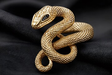 Naklejka premium Golden snake bracelet embellished with black diamonds resting on silk fabric