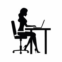 Silhouette of a woman working on a laptop computer at her desk, vector illustration