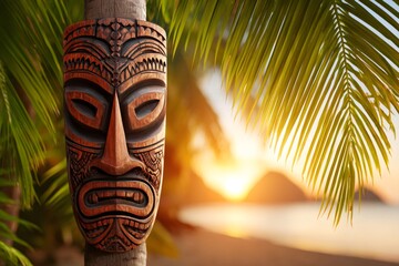 Tiki mask hanging on palm tree at sunset on tropical beach