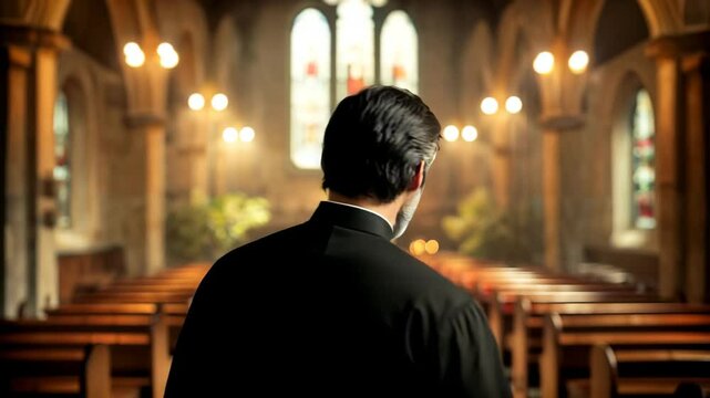 Confident Priest Standing in Sunlit Cathedral Aisle