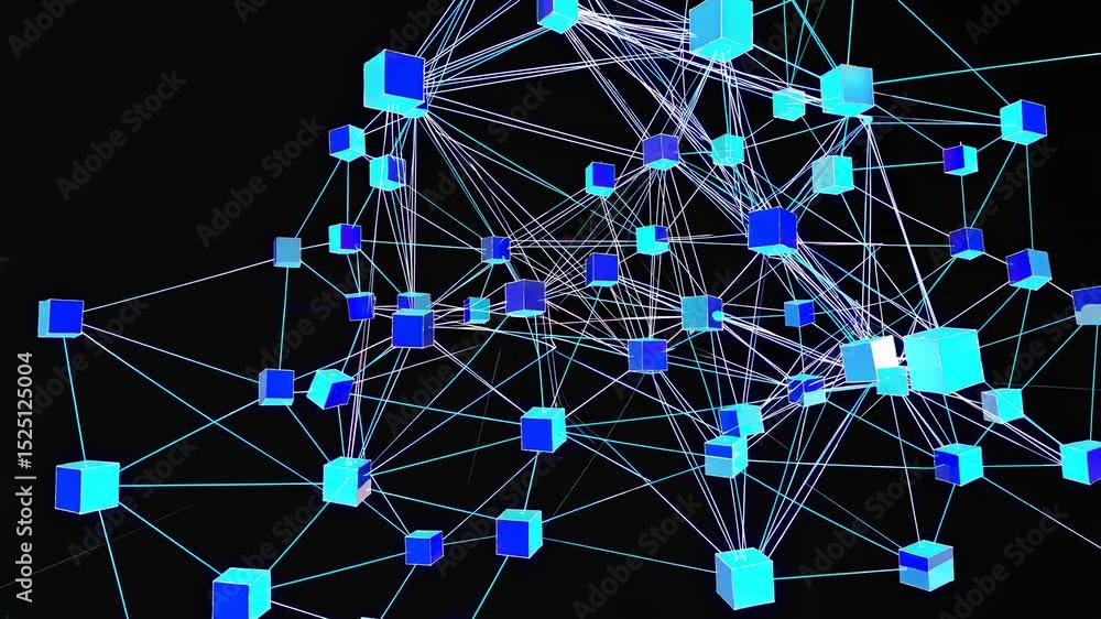 Fototapete Exploring blockchain technology through interconnected blue cubes in a digital network display