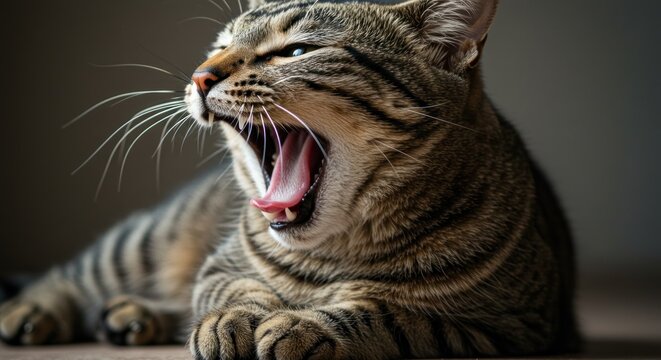 Tabby cat yawning