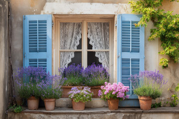 Fototapeta premium Charming window with blue shutters adorned with vibrant flowers in terracotta pots showcasing nature's beauty