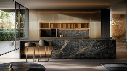 Obraz premium Chic kitchen with a long central island in textured dark stone, gold-panel upper cabinets, and sculptural bar stools