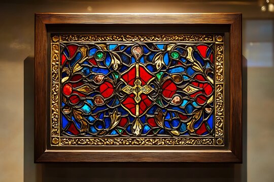 Ornate stained glass panel with cross and floral motifs - Powered by Adobe