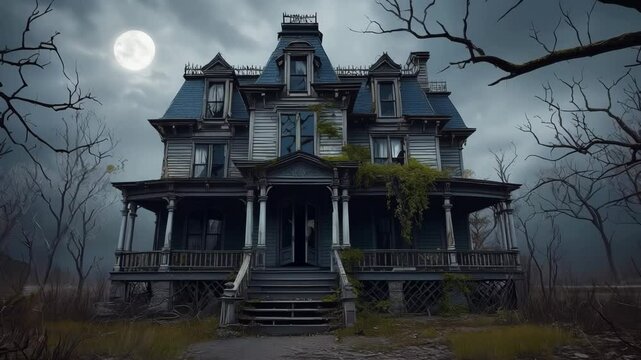 Full Moon Illuminates Abandoned Victorian Mansion at Night