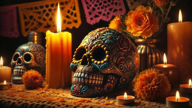 Colorful Sugar Skull with Marigolds and Candles for D&iacute;a de Muertos
