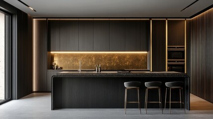 Contemporary minimalist kitchen in dark tones with a long central island, slimline stools, and upscale gold paneling