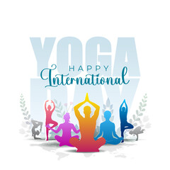 Happy yoga day background design. Silhouette of people exercise and yoga pose. International yoga day celebration banner concept.