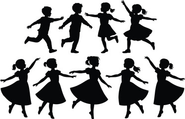 Vector silhouette illustration of dancing children, happy boys and girls, ballet pose, graceful movement, kids performing, joyful dance moment