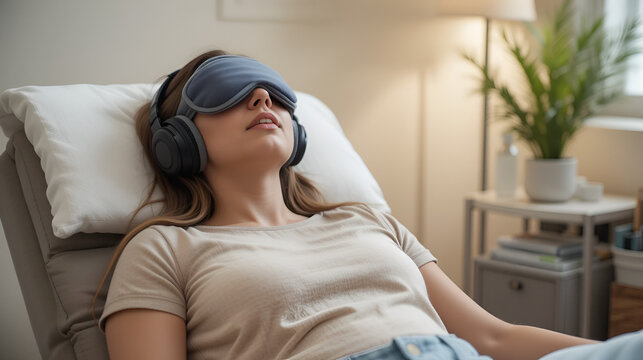 Patient relaxing in a comfortable chair, wearing headphones and an eye mask, during a ketamine therapy session