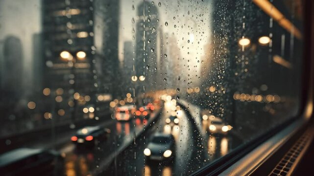 Slow Traffic at Night Seen Through Rain-Streaked Window