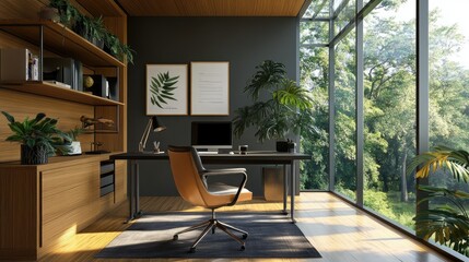 Contemporary workspace with a black-and-wood theme, floating shelves, clean desk, and large windows overlooking green woodland