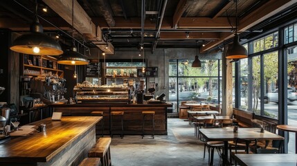 Cozy industrial-modern cafe with exposed beams, rustic wood surfaces, neutral seating, and elegant metal pendant lights