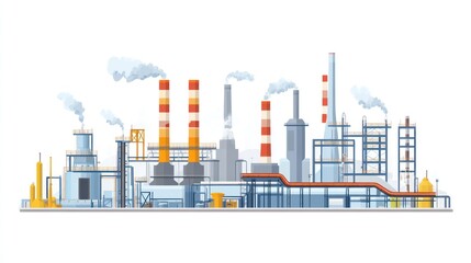 Naklejka premium Detailed industrial plant illustration with pipes, chimneys, and rising smoke