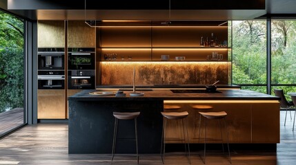 Elegant kitchen interior with dark countertops, slim island seating, and gold metal panels creating a warm modern glow