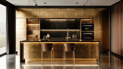 Elegant kitchen interior with dark countertops, slim island seating, and gold metal panels creating a warm modern glow