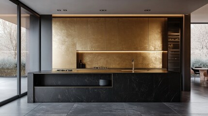 High-end minimalist kitchen with black stone finishes, integrated gold cabinetry, and an elongated island for sleek seating