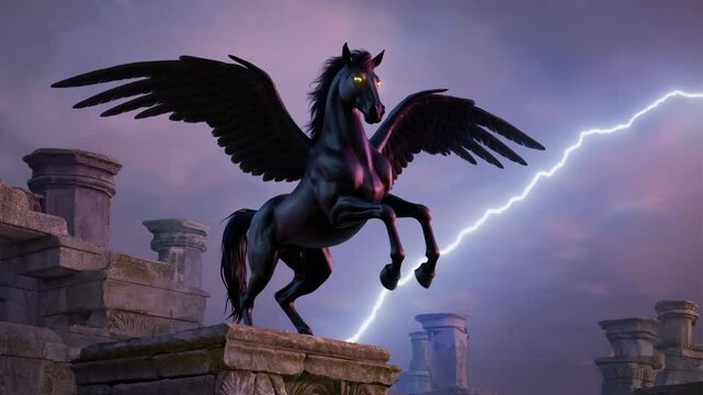 Black Pegasus Rearing on Ancient Ruins Amid Lightning Storm