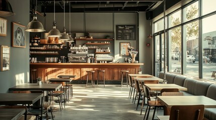 Industrial-inspired coffee shop with rugged tables, gray-beige seating, and hanging steel light fixtures giving a sleek look