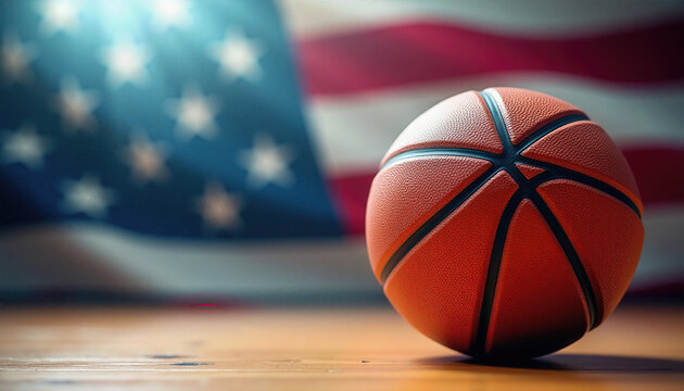 basketball ball on a arena with a blurred American flag in the background, symbolizing the connection between basketball and U.S. Independence Day or Flag Day celebrations. Space for text