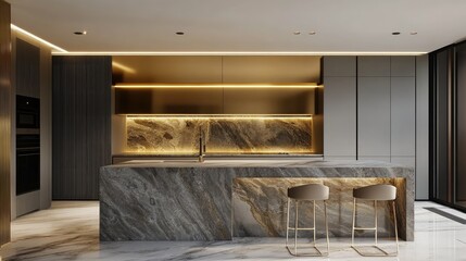 Luxurious kitchen design with bold contrasts--long stone island, minimalist stools, and shimmering gold cabinets