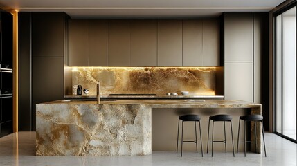 Luxurious kitchen design with bold contrasts--long stone island, minimalist stools, and shimmering gold cabinets