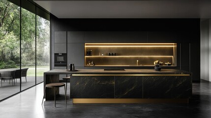 Luxury minimalist kitchen featuring dark materials, a long island with clean lines, gold-finish cabinetry, and soft lighting