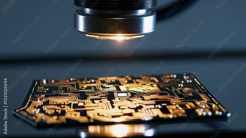 Poster Exploring intricate circuit designs at a technology lab in the evening using advanced microscope equipment