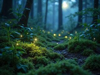 Enchanted forest floor at night, bioluminescent moss and plants glowing subtly under moonlight, scattered ferns casting soft shadows in mist,