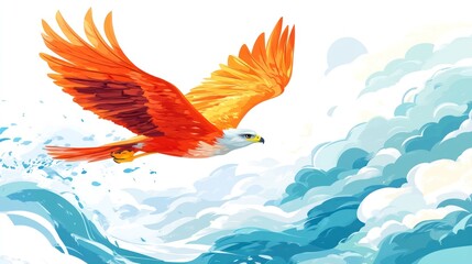 Obraz premium Bird with vibrant plumage soars amidst swirling clouds; watercolor style