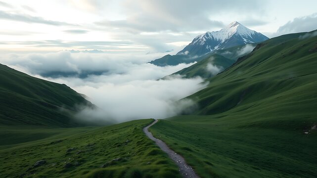 Serene mountain path above cloudscape