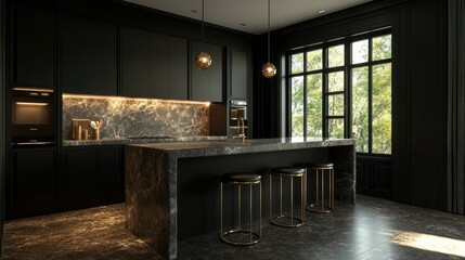 Refined dark kitchen space featuring a stone island with stools, brushed gold details, and a simple, elegant layout