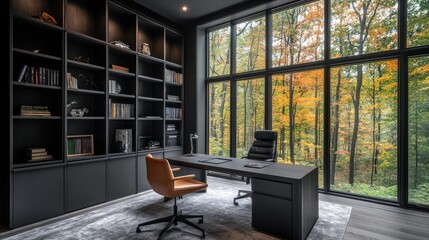 Sleek dark-toned office with clean lines, built-in shelves, and a wall of windows offering a panoramic forest landscape