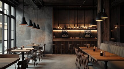 Rustic-industrial cafe with raw wood tabletops, pale upholstered chairs, and minimalist hanging black metal lighting