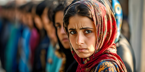refugees in a line escaping persecution